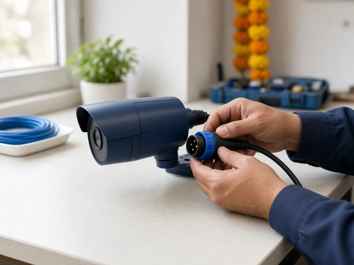Close view of hands checking an outdoor CCTV camera cable and power connector for a secure fit