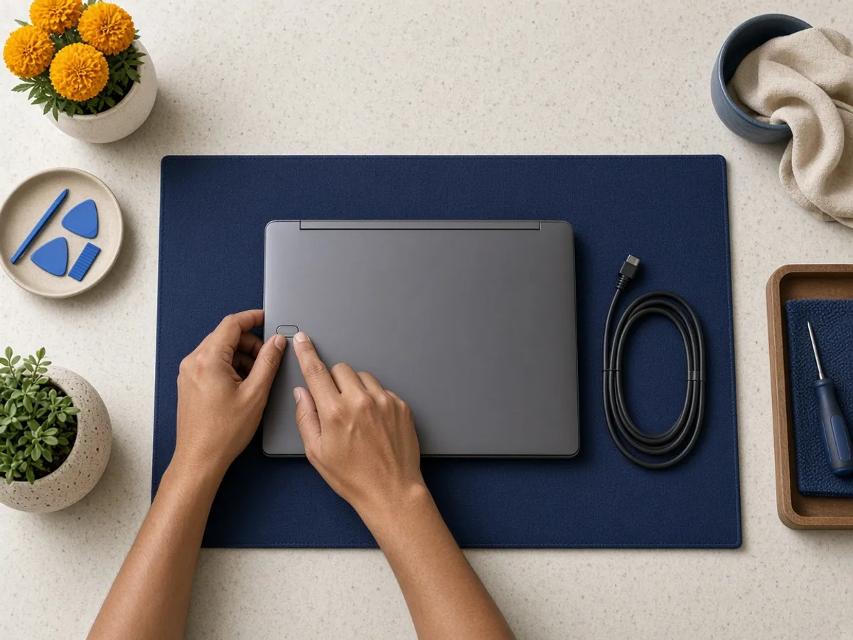 Top-down view of hands performing a safe hard reset check on a closed laptop at a clean workbench