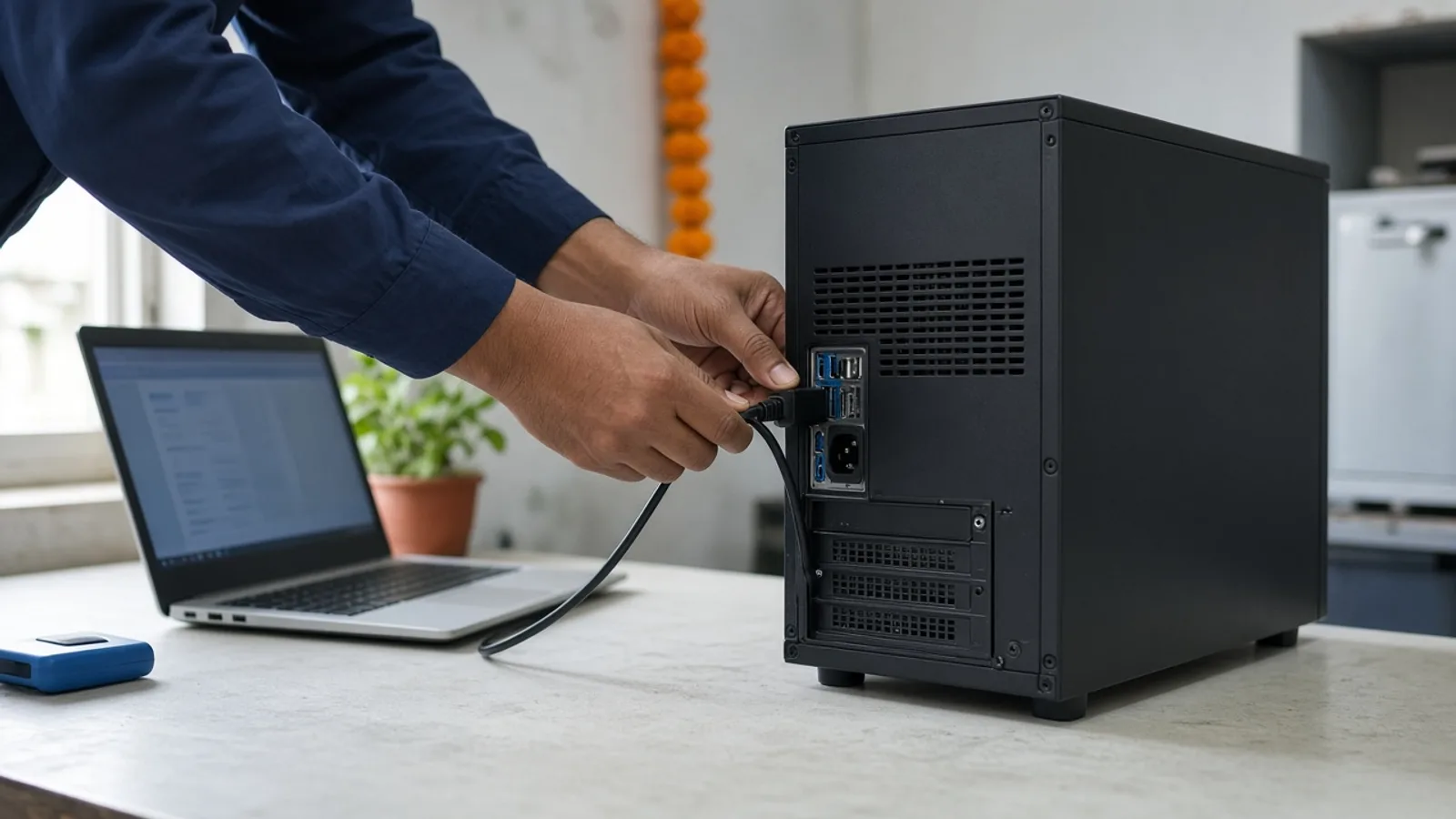 Technician hands carefully checking the power connection of a desktop computer at a clean repair bench in Surat