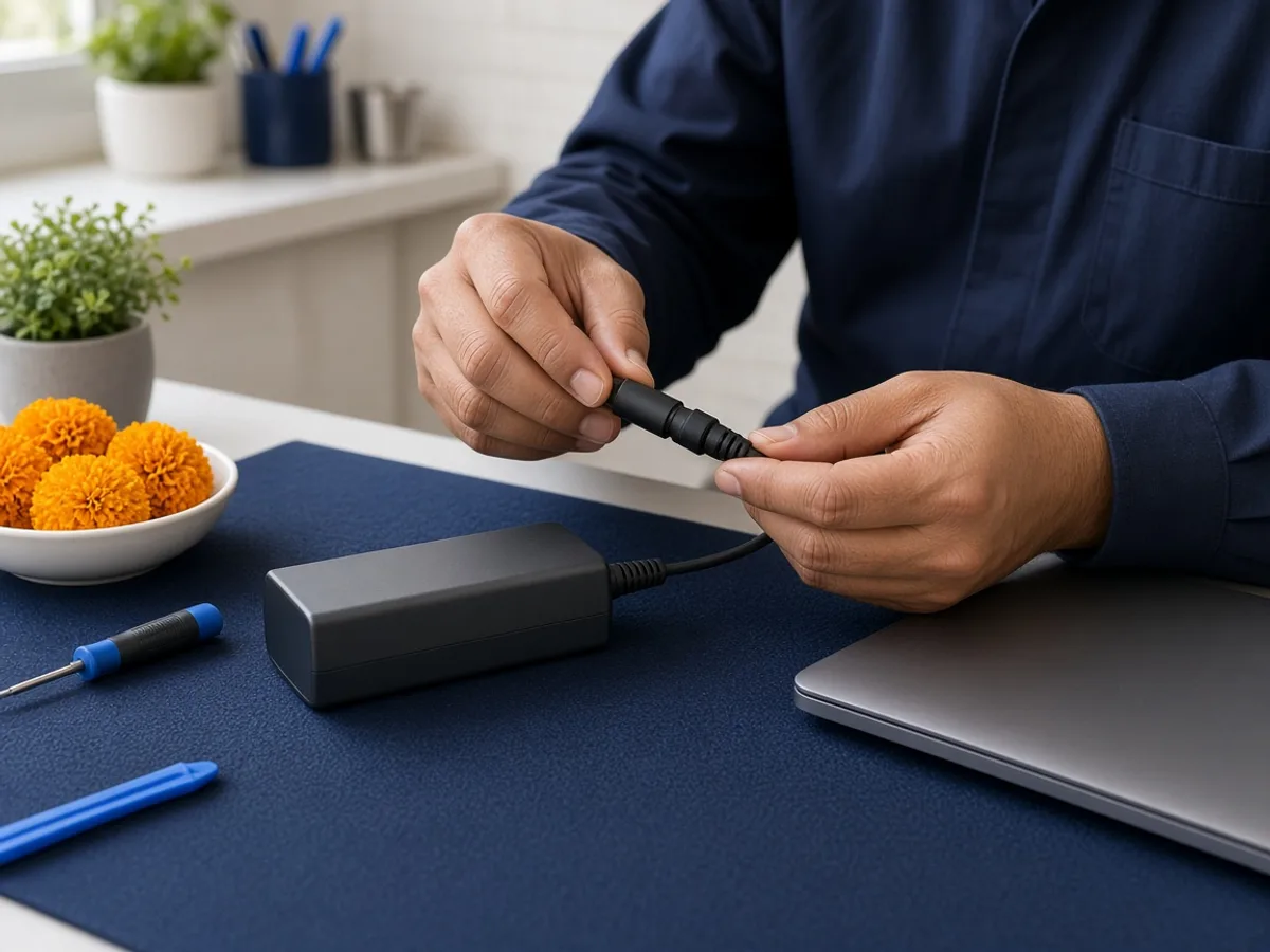 Close view of hands checking a laptop charger cable and adapter connection for a secure fit