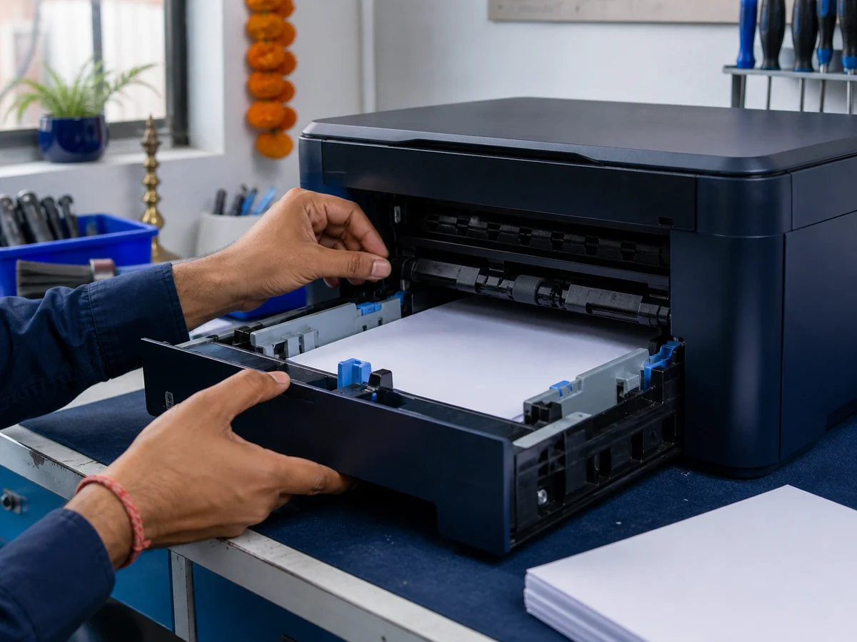 Professional hands carefully inspecting an accessible printer paper tray and feed path