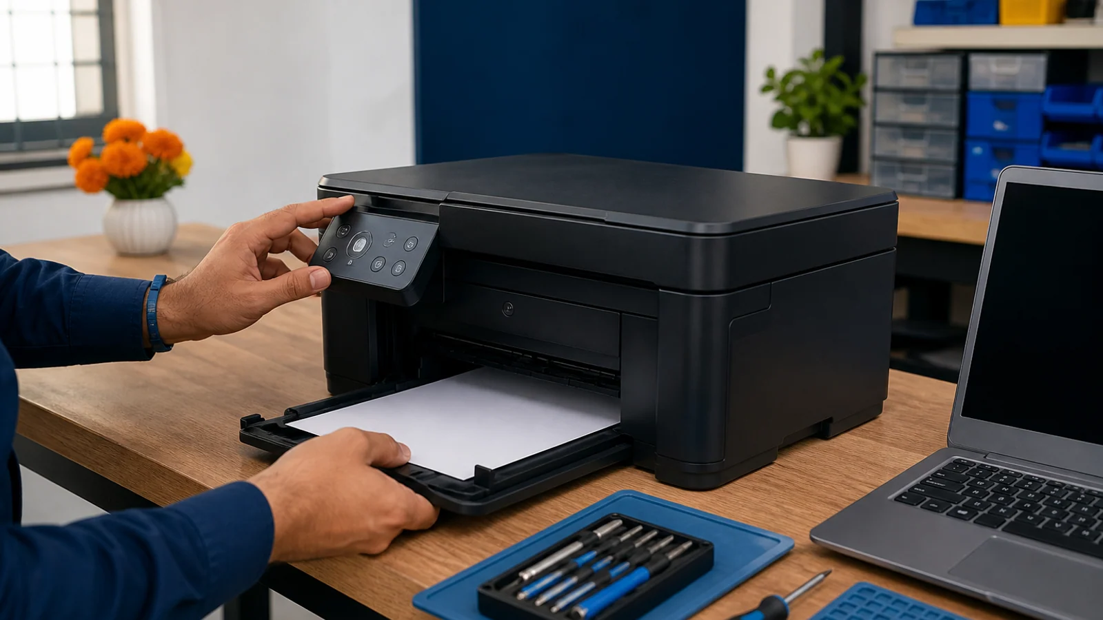 Technician hands carefully diagnosing a desktop printer at a clean repair bench in Surat
