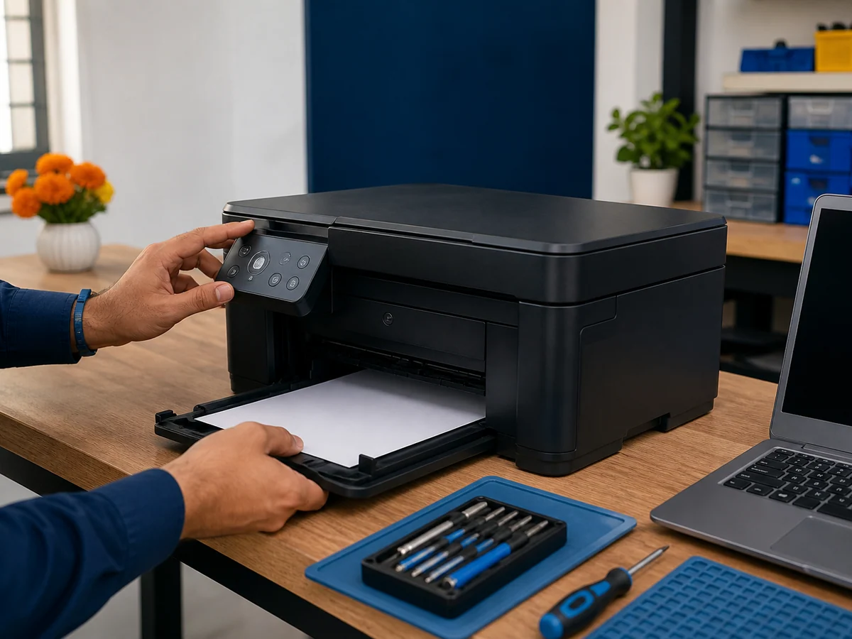 Technician hands carefully diagnosing a desktop printer at a clean repair bench in Surat