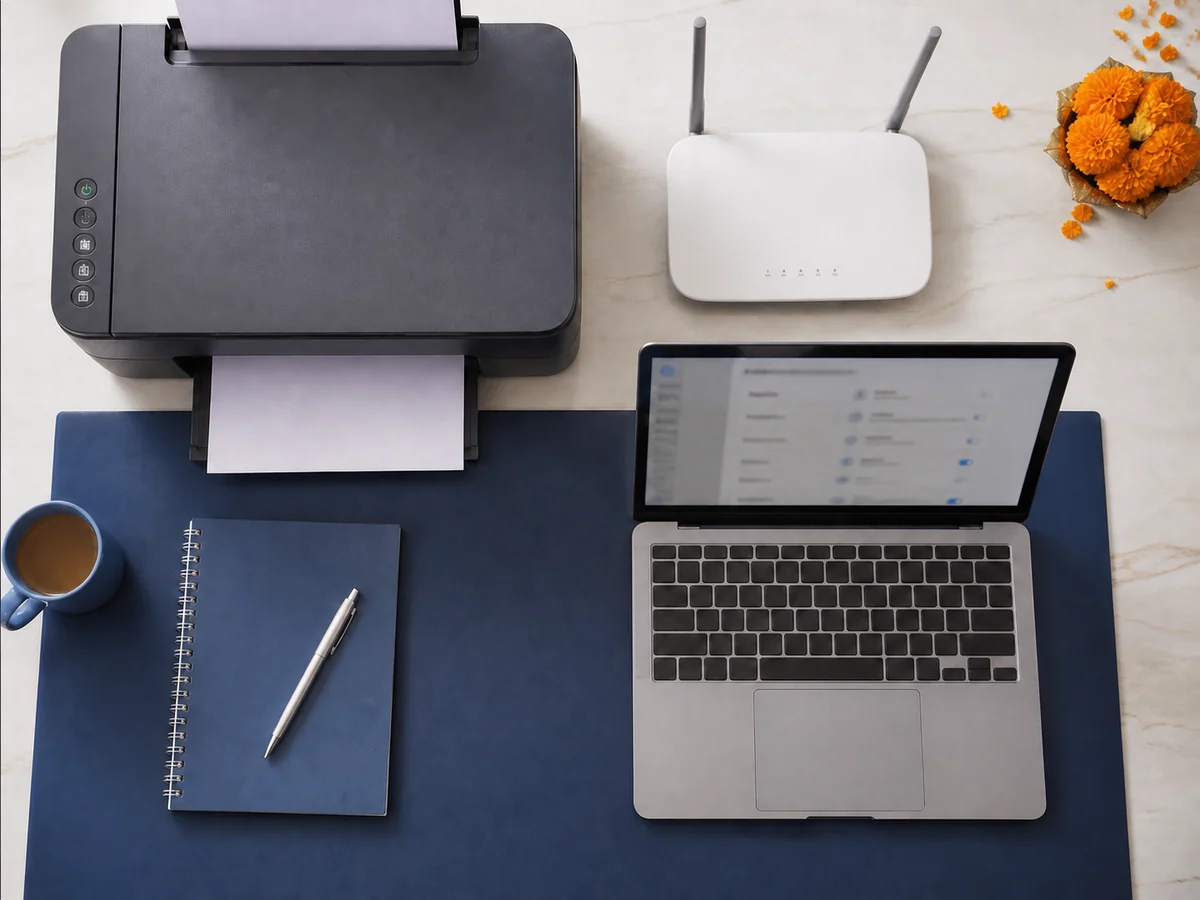Top-down view of a wireless printer, router and laptop arranged for a connection check