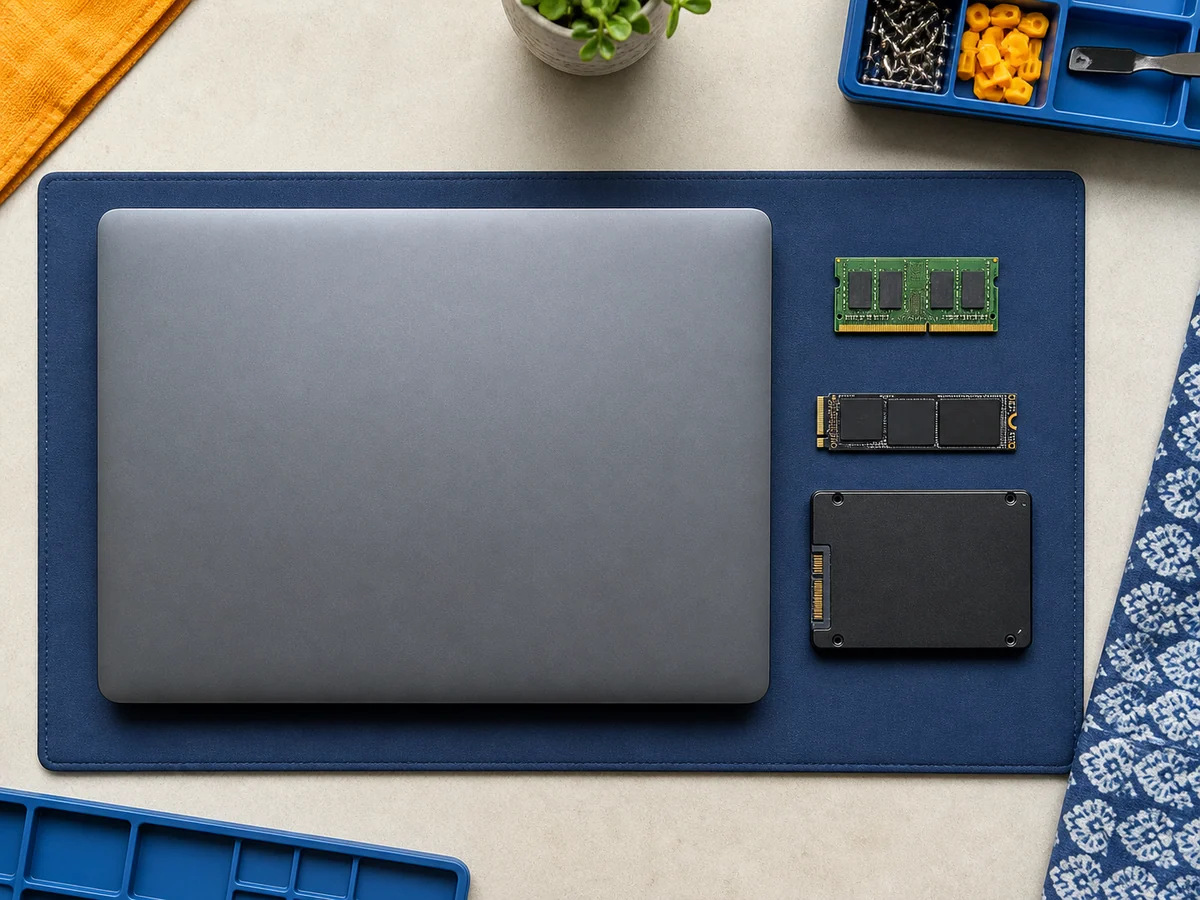 Top-down view of unbranded laptop RAM and SSD components arranged beside a closed laptop