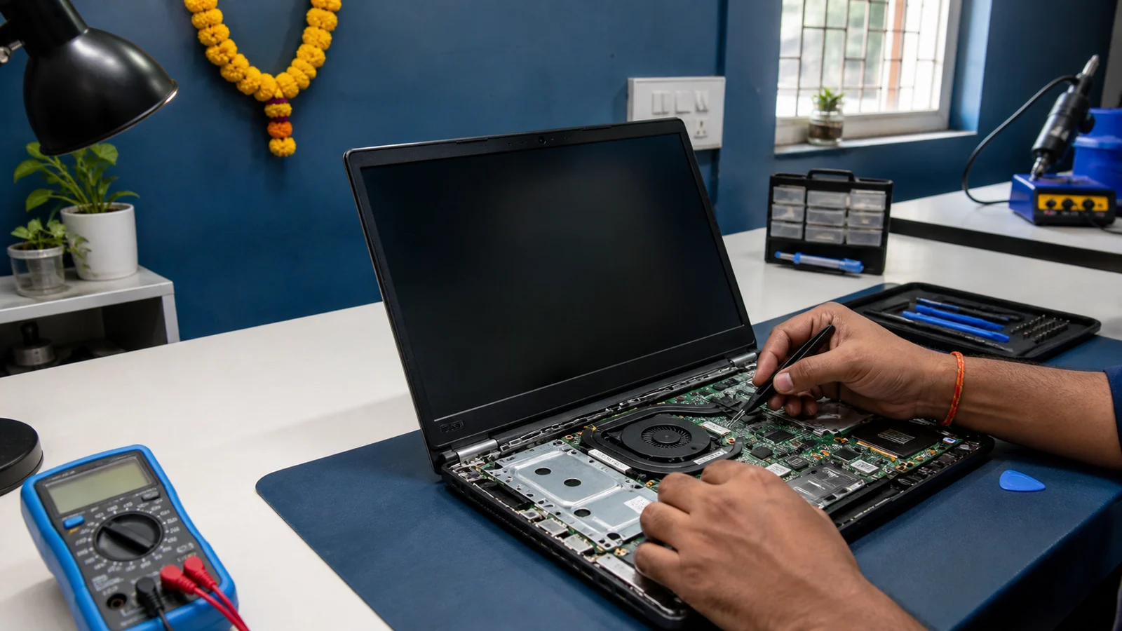 Technician hands carefully diagnosing an open laptop at a clean computer-repair bench in Surat