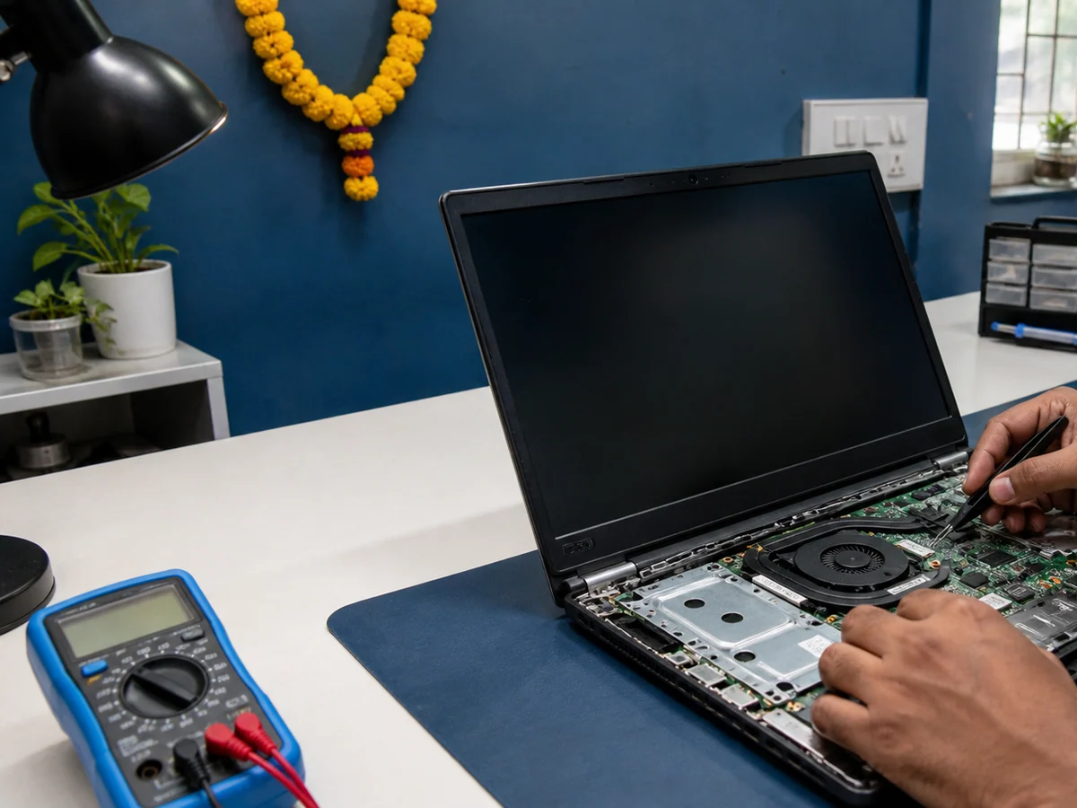 Technician hands carefully diagnosing an open laptop at a clean computer-repair bench in Surat