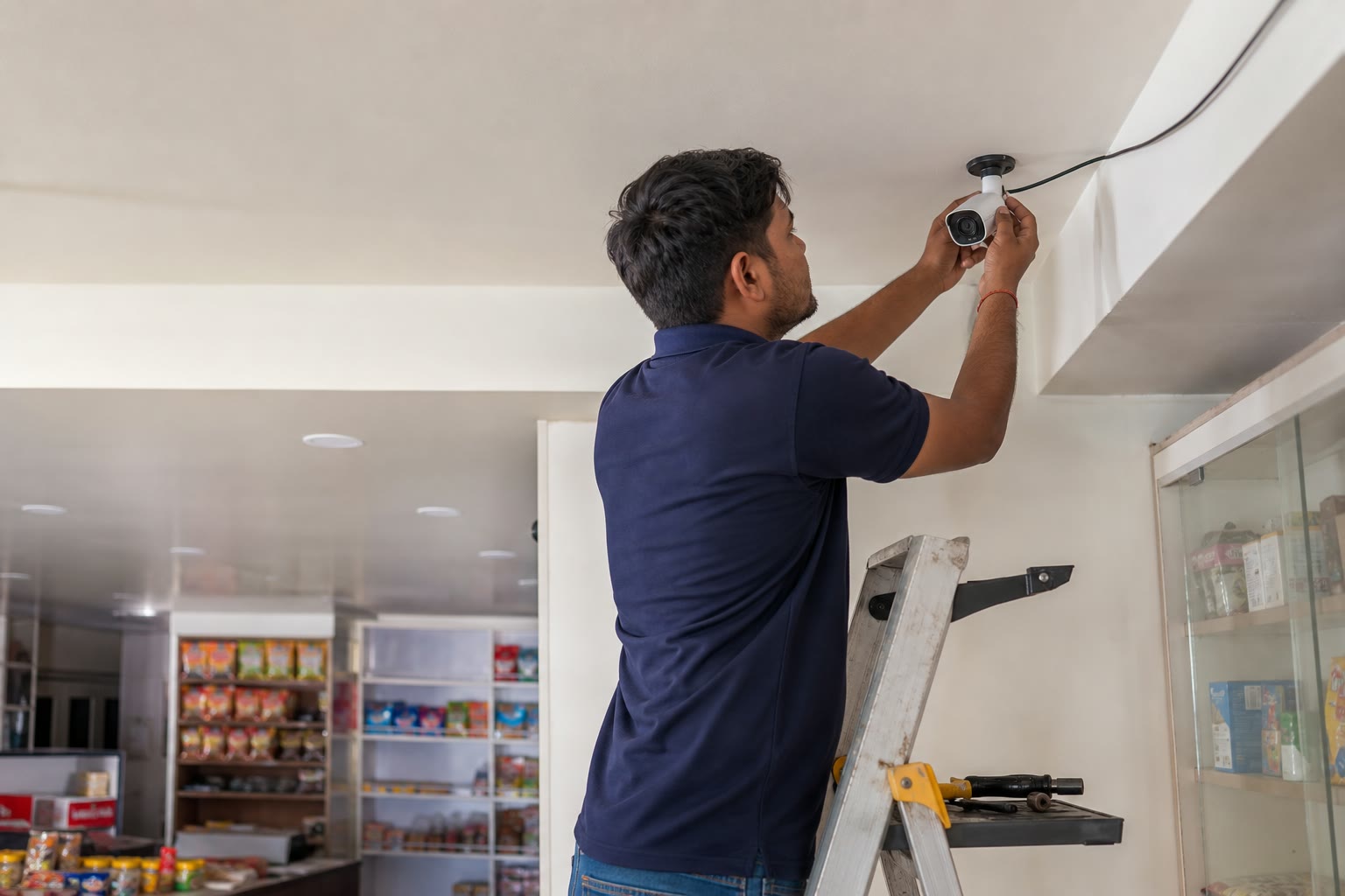 Representative service scene of a technician installing a CCTV camera
