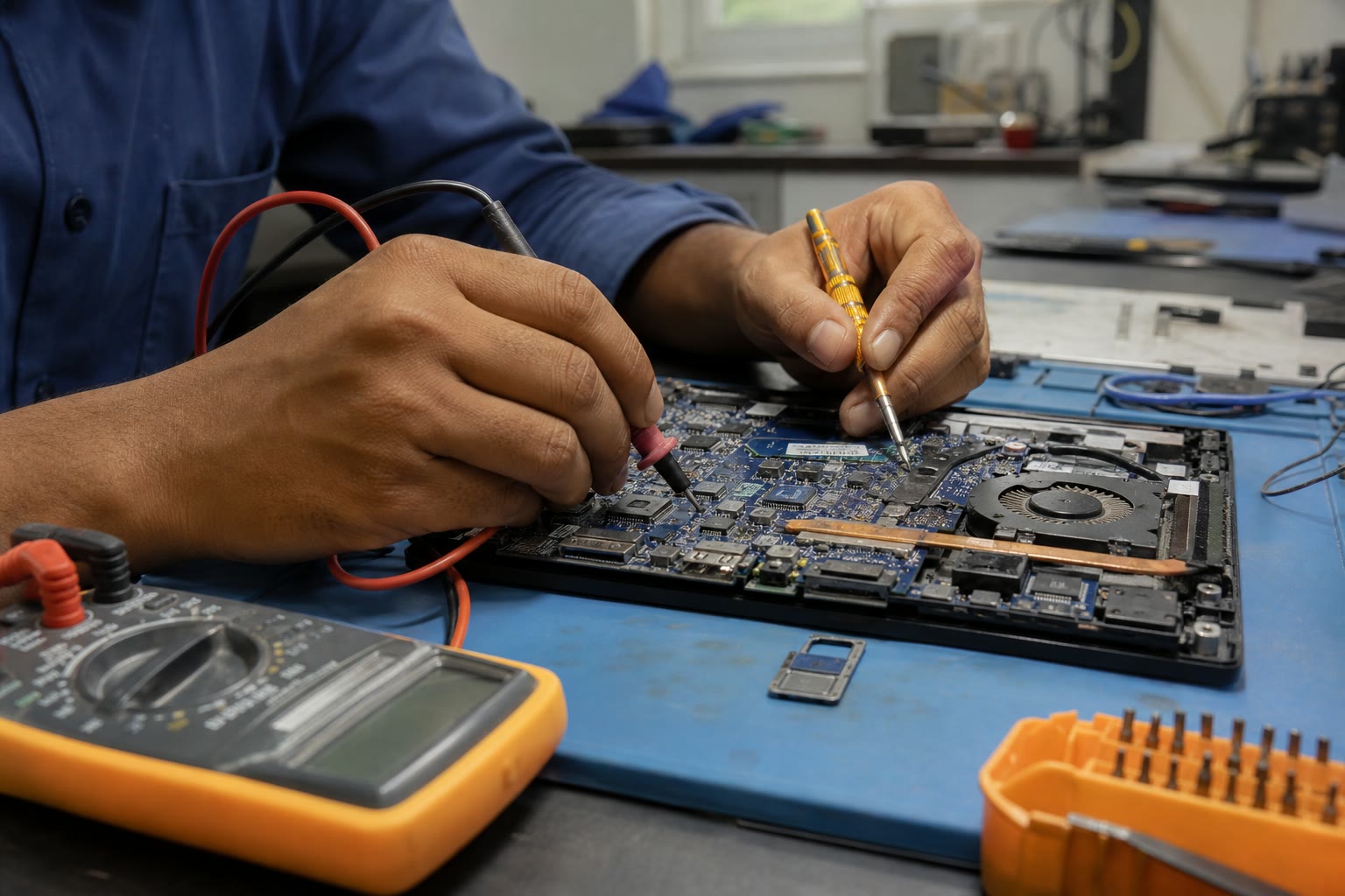 Representative service scene of a technician diagnosing a laptop motherboard