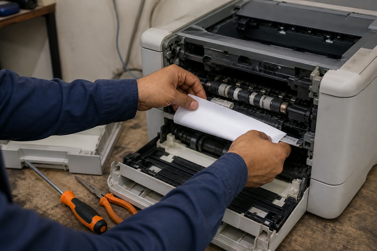 Representative service scene of a technician inspecting a printer paper feed