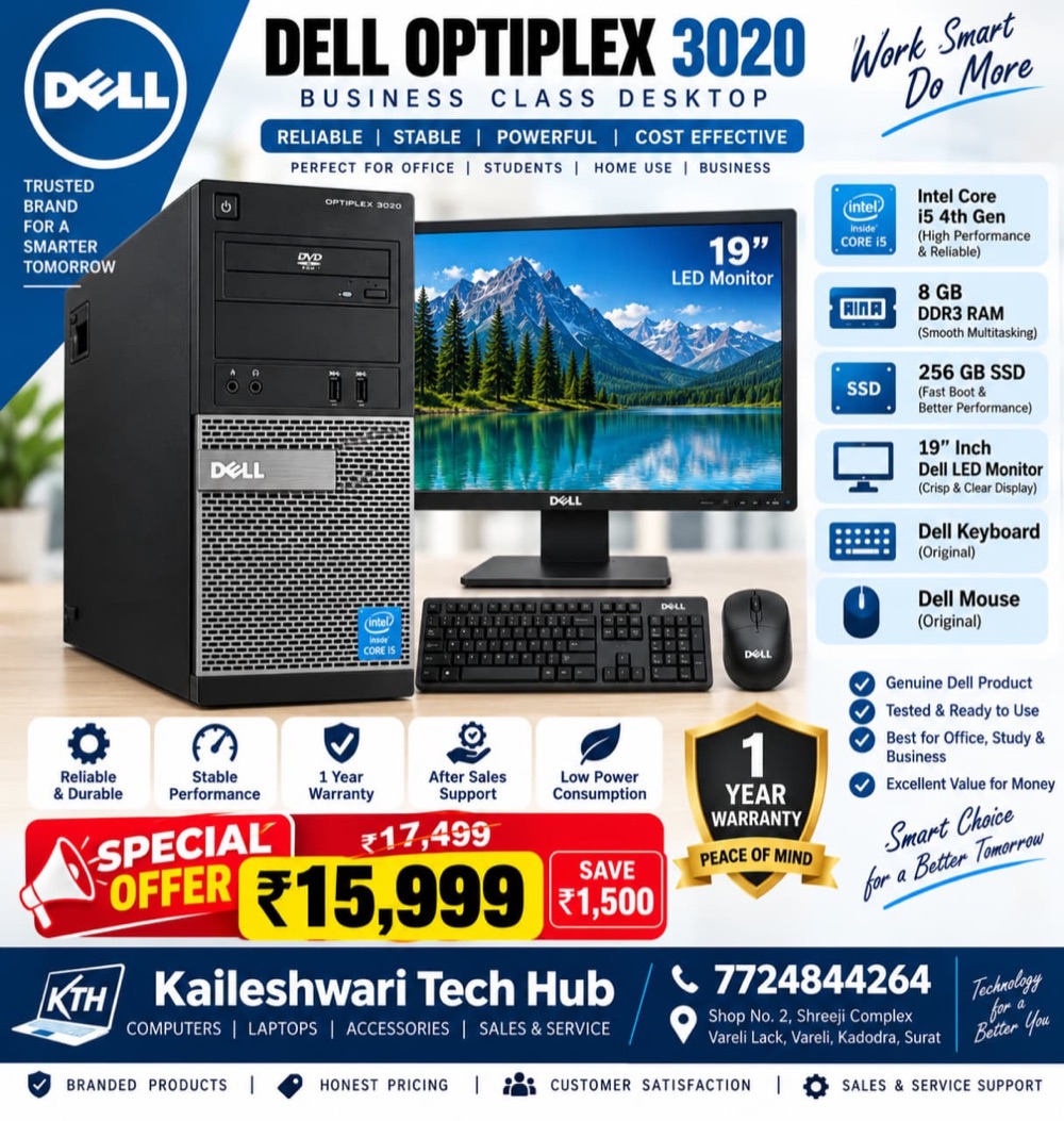Dell OptiPlex 3020 offer: Intel Core i5 4th Gen, 8 GB RAM, 256 GB SSD, 19 inch Dell monitor for ₹15,999, 1 year warranty